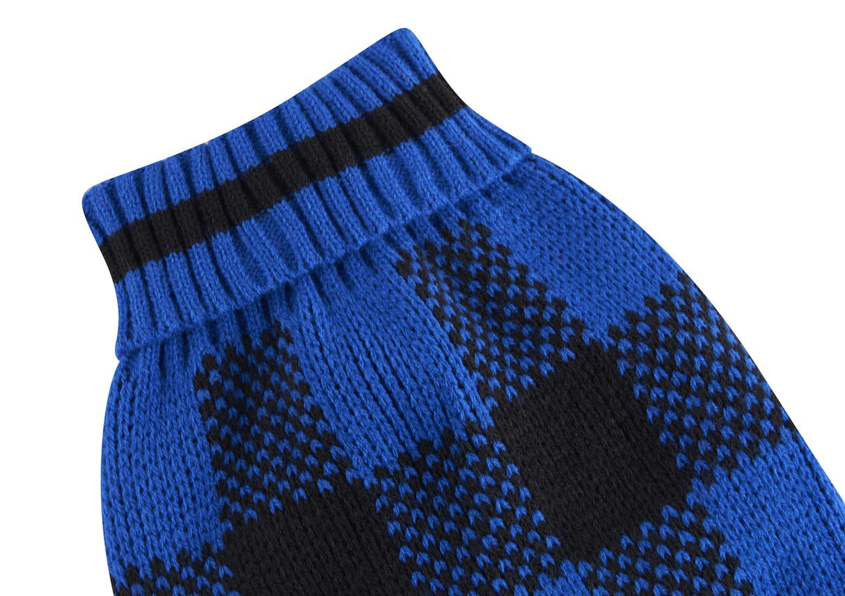 Blue Black Plaid Holiday Festive Turtleneck Pet Sweater for Small Dogs, Cat Warm Coat Apparel, Winter Knitwear Pet Clothes for Cold Weather Small (S) 12" Back Length