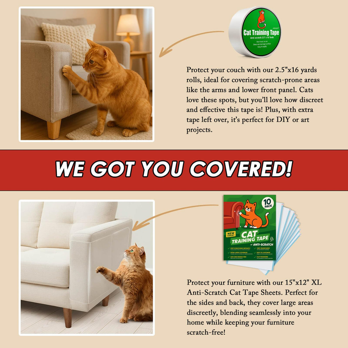 Anti-Scratch Tape for Furniture - Stop Cats from Scratching Couch, Chair Corners, Door Frames, Countertops, and Carpets, Clear Double-Sided Cat Training Tape, 2.5" x 16 Yards Roll