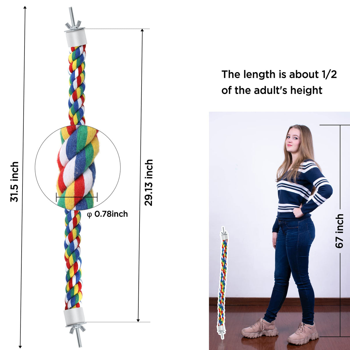 Bird Rope Perches for Parrots, Cockatiels, Parakeets, Budgie Cages Comfy Birds Colorful Rope Toy (31.5inch Metal nut)