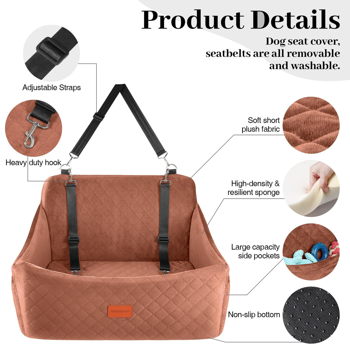 Wooaidagg Dog Car Seat for Medium & Large Dogs Up to 55lbs, Memory Foam Cushion, Washable Cover, Safety Straps & Non-Slip Base (Brown, Large)