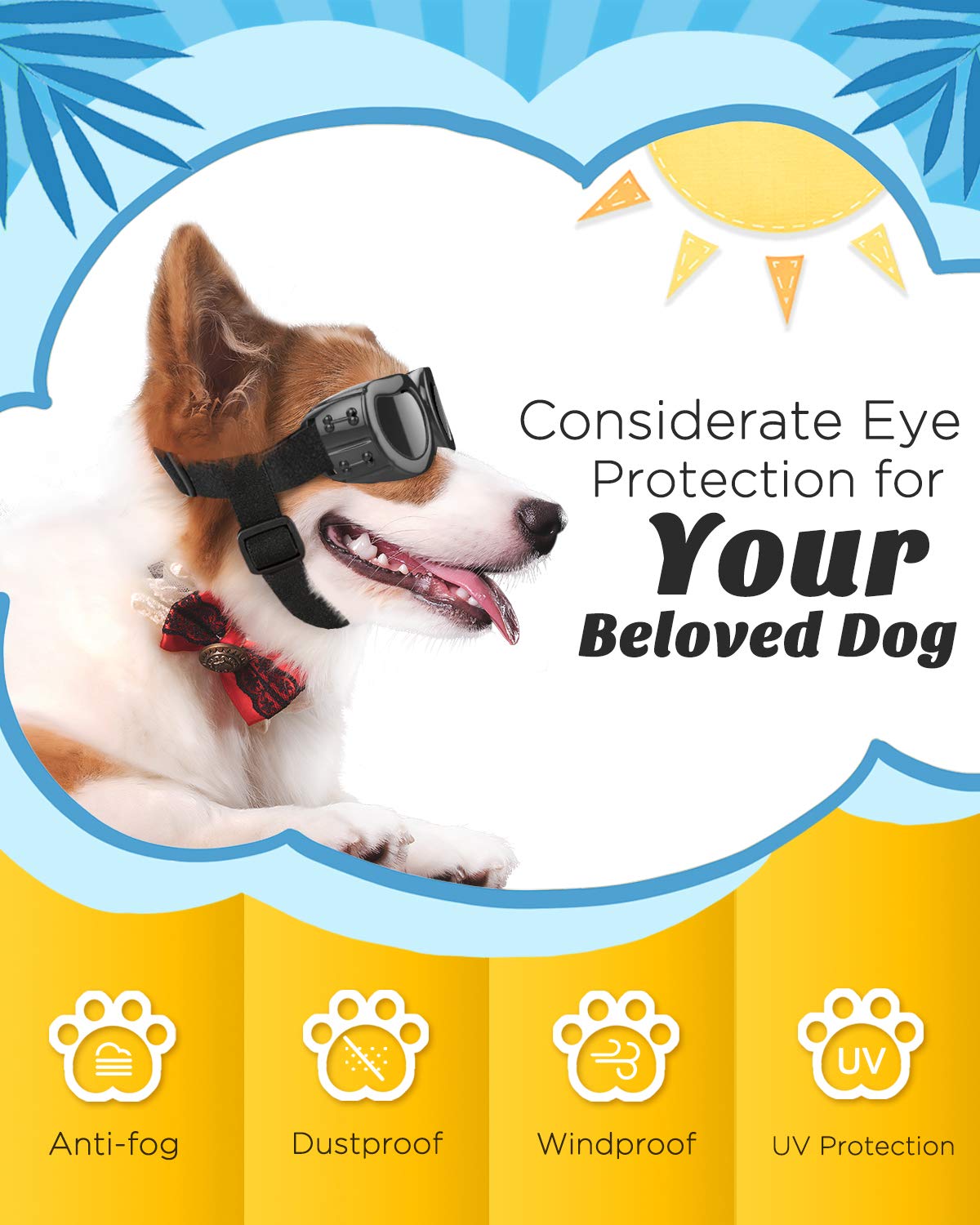 Lewondr Dog Sunglasses Small Breed Goggles UV Protection,Goggles for Small Dogs Eye Wear Protection with Adjustable Strap Windproof Anti-Fog Sunglasses for S-mall Doggy Doggie Glasses,Black