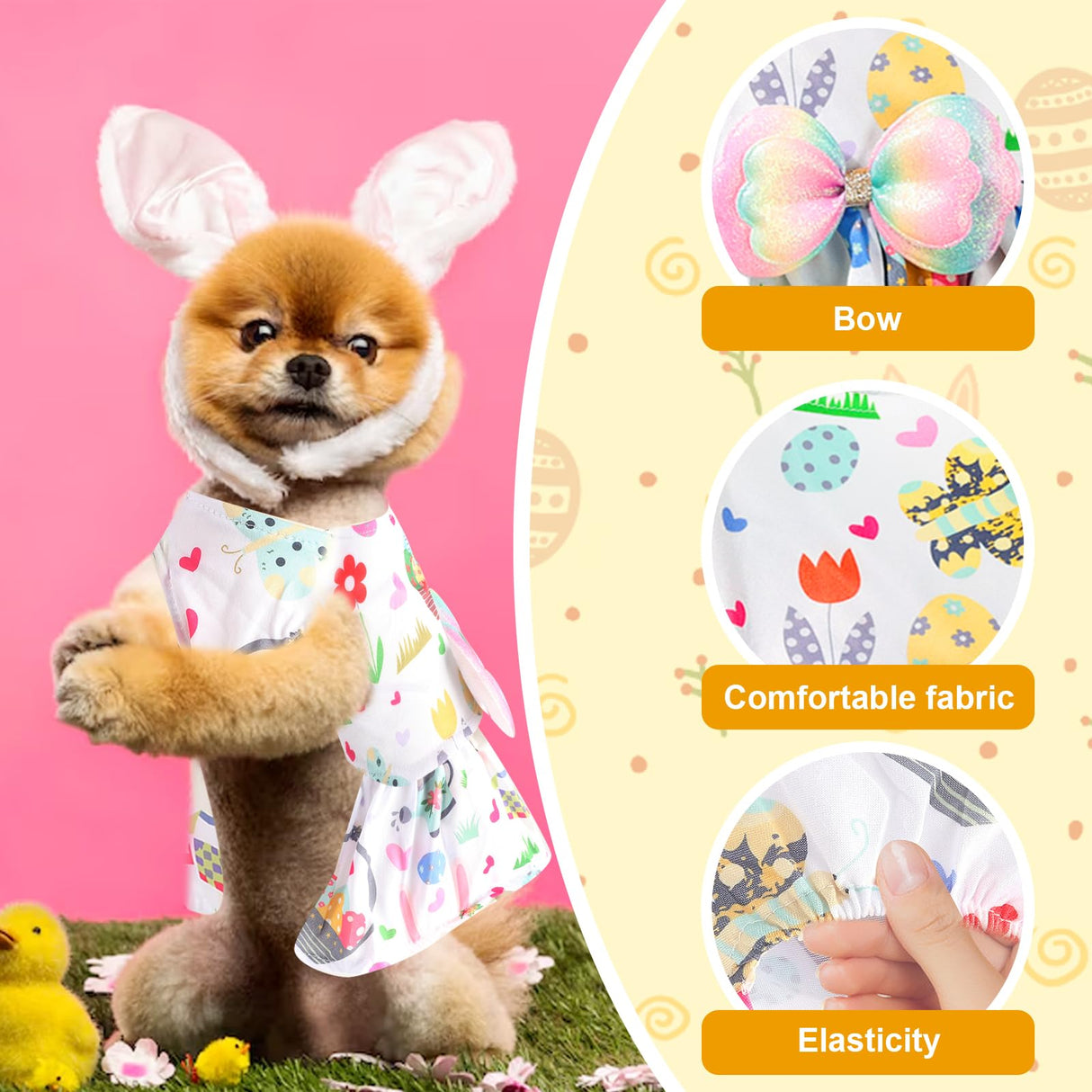 Easter Dog Costume Dress for Pets, Easter Bunny Pet Outfit Dogs Bow Clothes,White Puppy Skirt, Spring Dog Outfit,Size S (6.6-11 lbs)