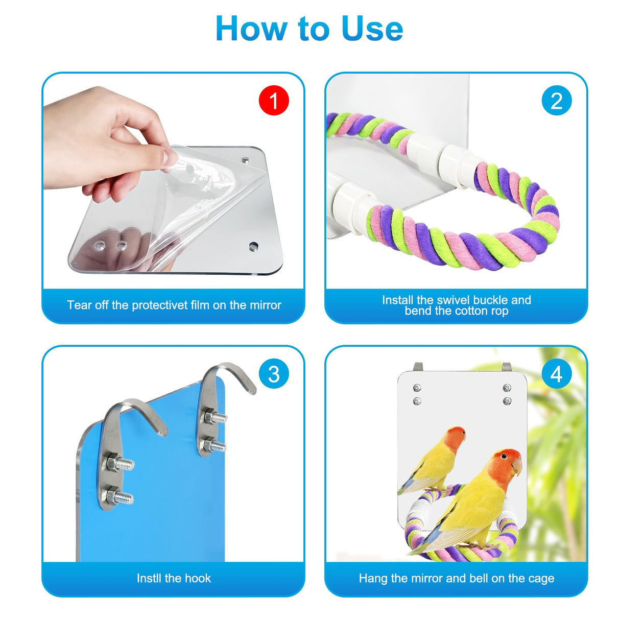 LOPERDEVE 5.9" Bird Mirror with Rope Perch Bird Toys Swing, Comfy Perch for Greys Amazons Parakeet Cockatiel Conure Lovebirds Finch Canaries