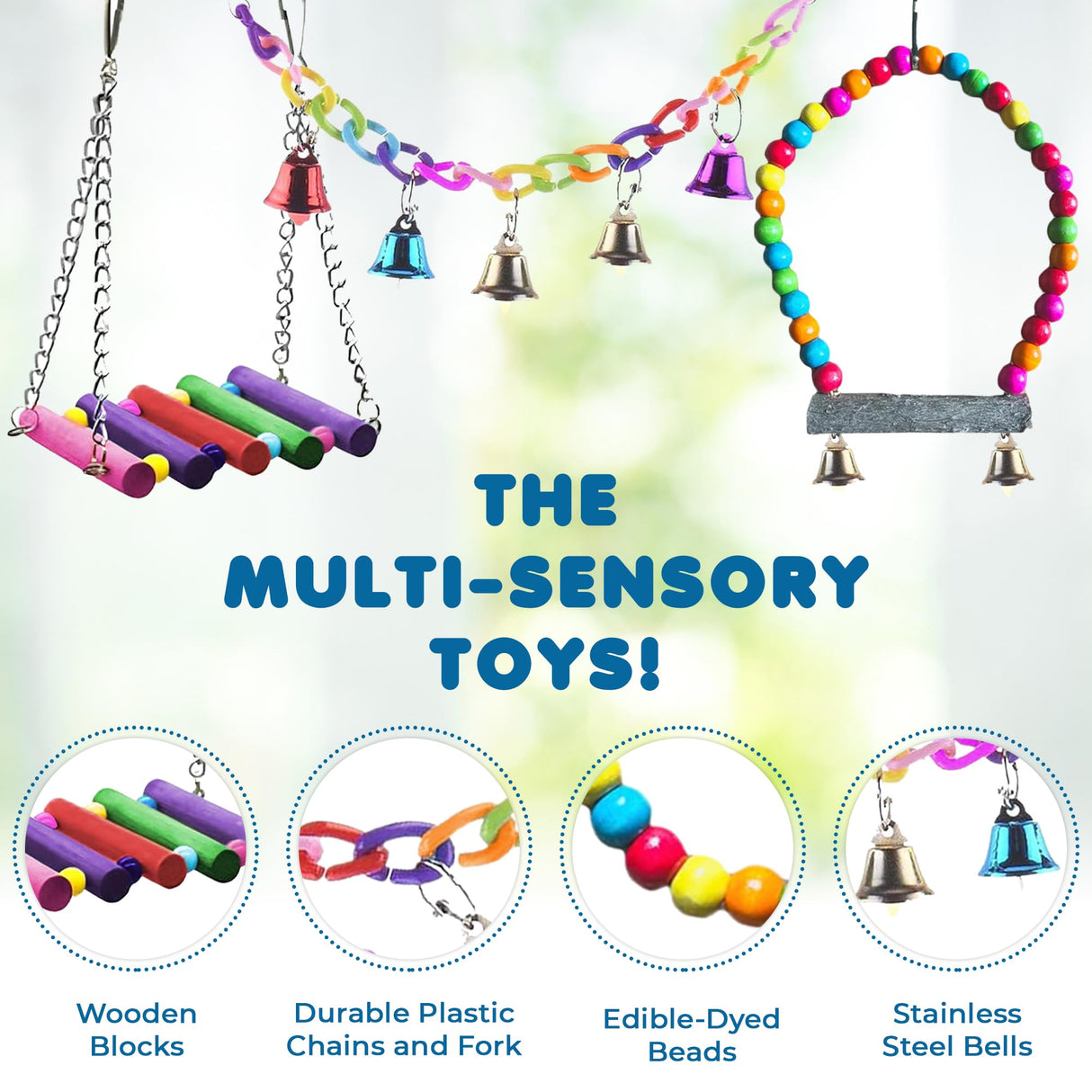 SunGrow Parrot Swing and Perch Bundle, Keep Birds from Hatching Plans for World Domination with Joyful Colorful Items for Love Birds, Conures, Cockatiels, Finches, Parakeets, 12 Pieces