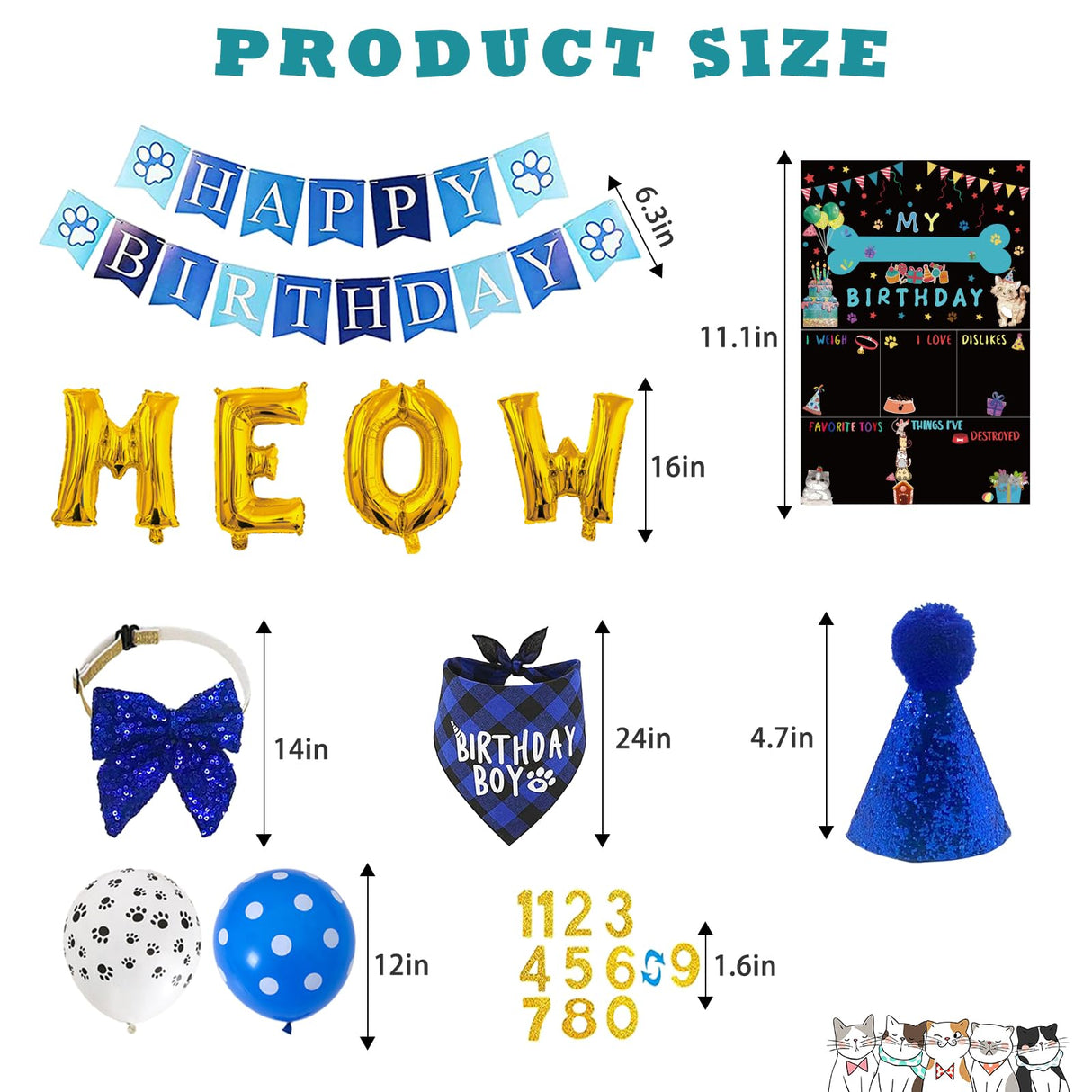 Cat Kitten Birthday Bandanas Cat Birthdays Party Supplies Party Hat Boy with Cat Birthdays Banner Balloons Meow Letter Foil Balloons for Boy Cats Kitten Decorations