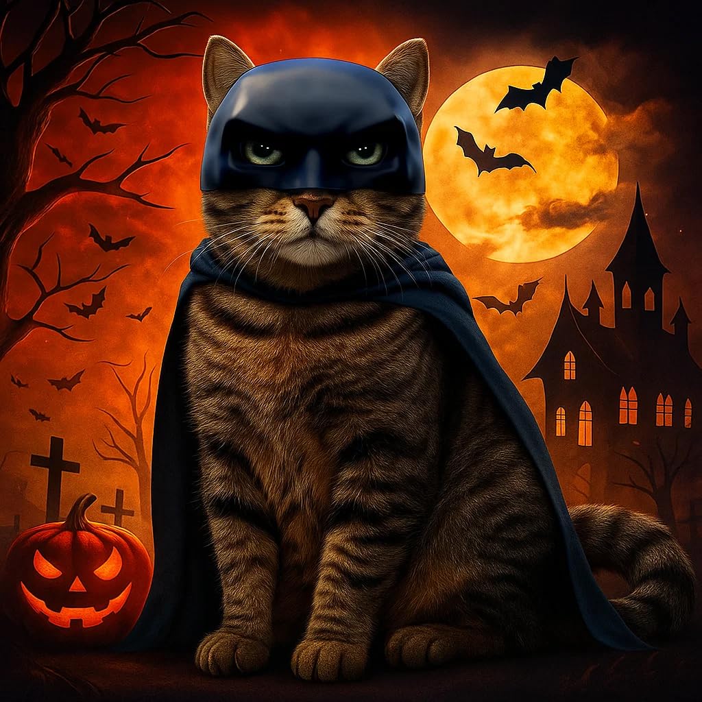 Black BatCat Cosplay Mask for Cats – Extra Thick Durable Pet Costume, Comfortable Halloween Apparel, Funny Superhero Hat, Catman Mask, Handmade Cat Outfit (Medium)