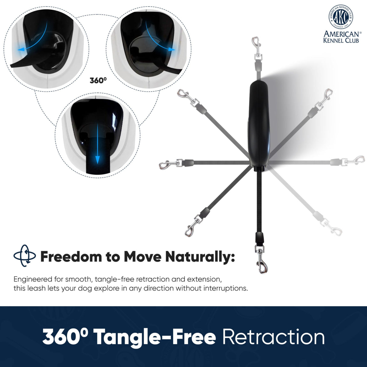 American Kennel Club Retractable Dog Leash, 16.4ft, Tangle-Free, Ergonomic Grip, One-Hand Brake, for Medium & Large Dogs up to 66