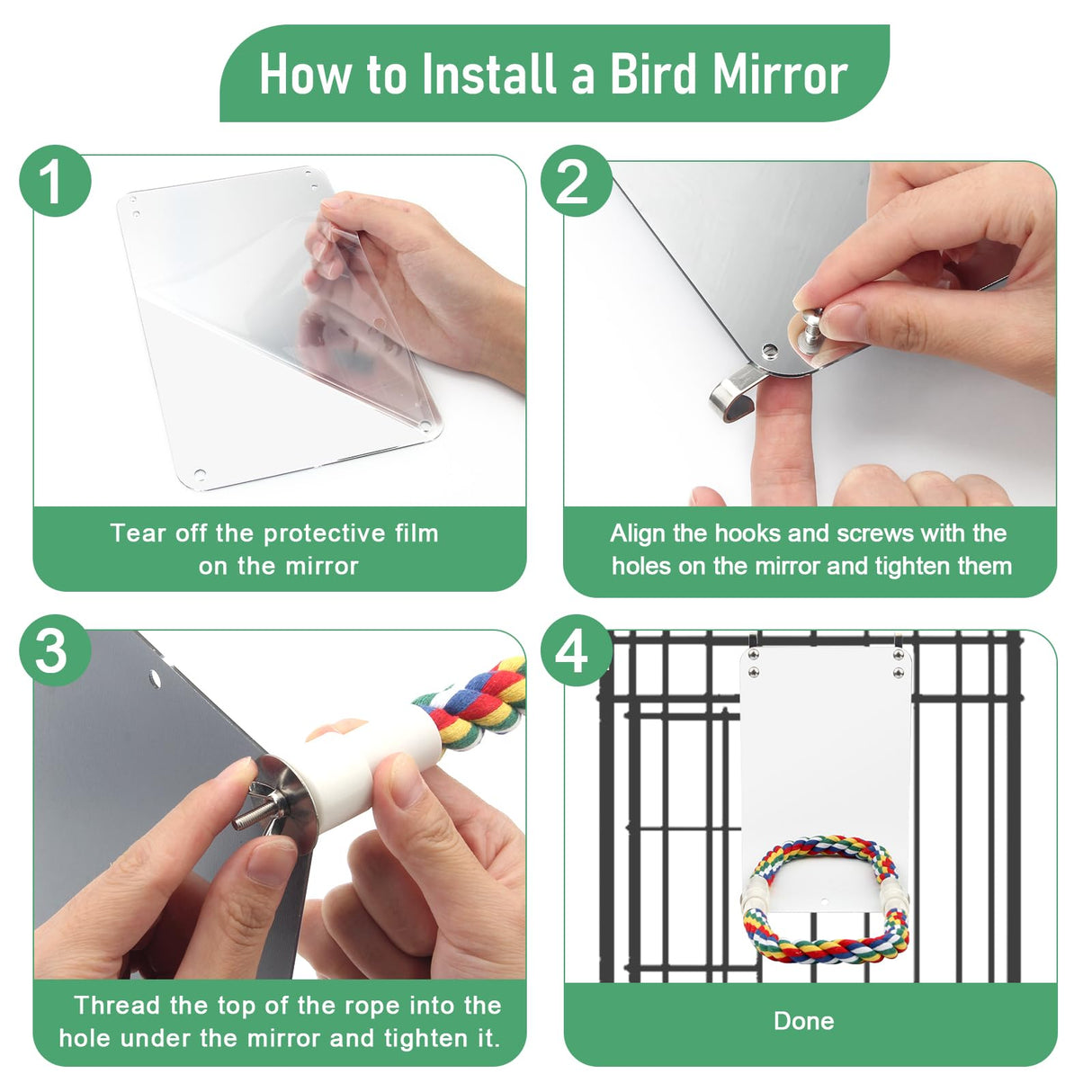 Coolrunner 9.4 Mirror for Bird Parrot and Cage, White, With Rope