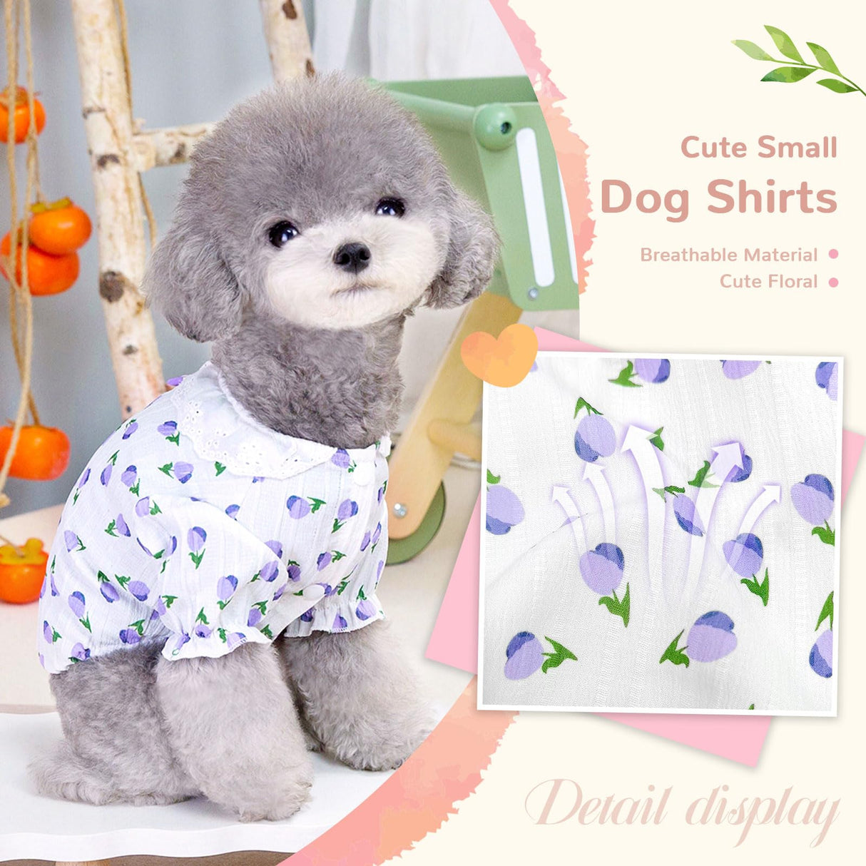 ABRRLO Cute Dog Shirts for Small Dog Clothes Girls Pink Puppy Cat Shirts with Harness D Ring Floral Female Doggy Outfits Pet Clothes for Mini Dachshund Shih tzu Teacup Chihuahua Maltese