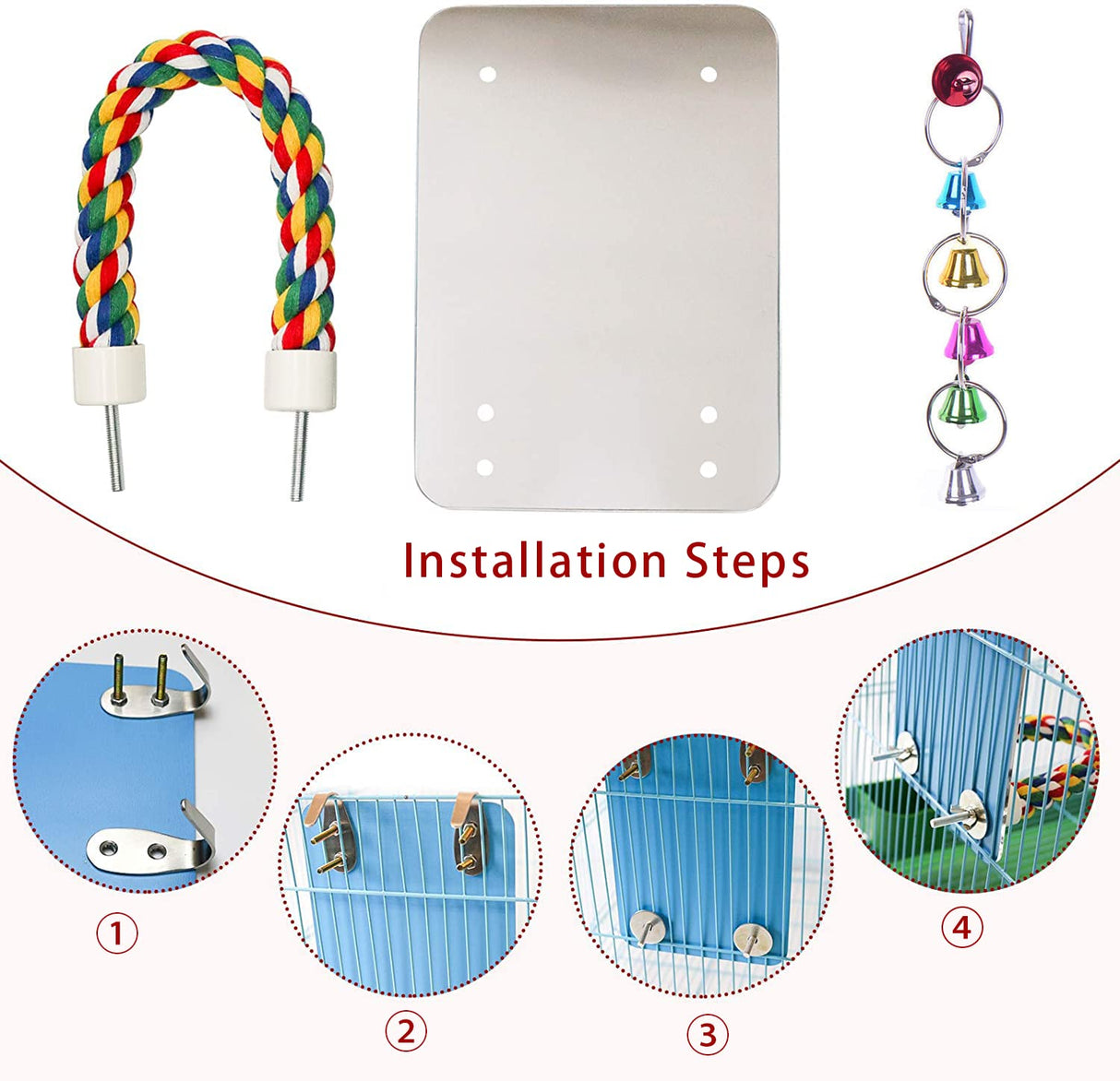 LOPERDEVE 7" Bird Mirror with Rope Perch Bird Toys Swing, Comfy Perch for Greys Amazons Parakeet Cockatiel Conure Lovebirds Finch Canaries