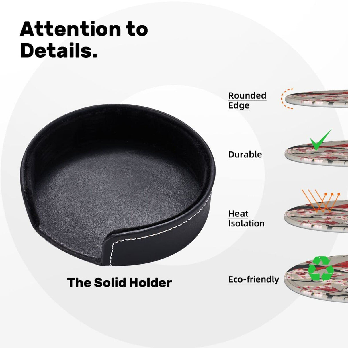 6 Pcs Leather Coasters for Drinks with Holder Red Birds Flowers Coaster Sets Drink Table Cup Coasters for Kitchen Coffee Decor