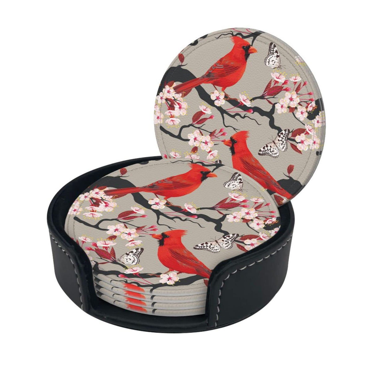 6 Pcs Leather Coasters for Drinks with Holder Red Birds Flowers Coaster Sets Drink Table Cup Coasters for Kitchen Coffee Decor