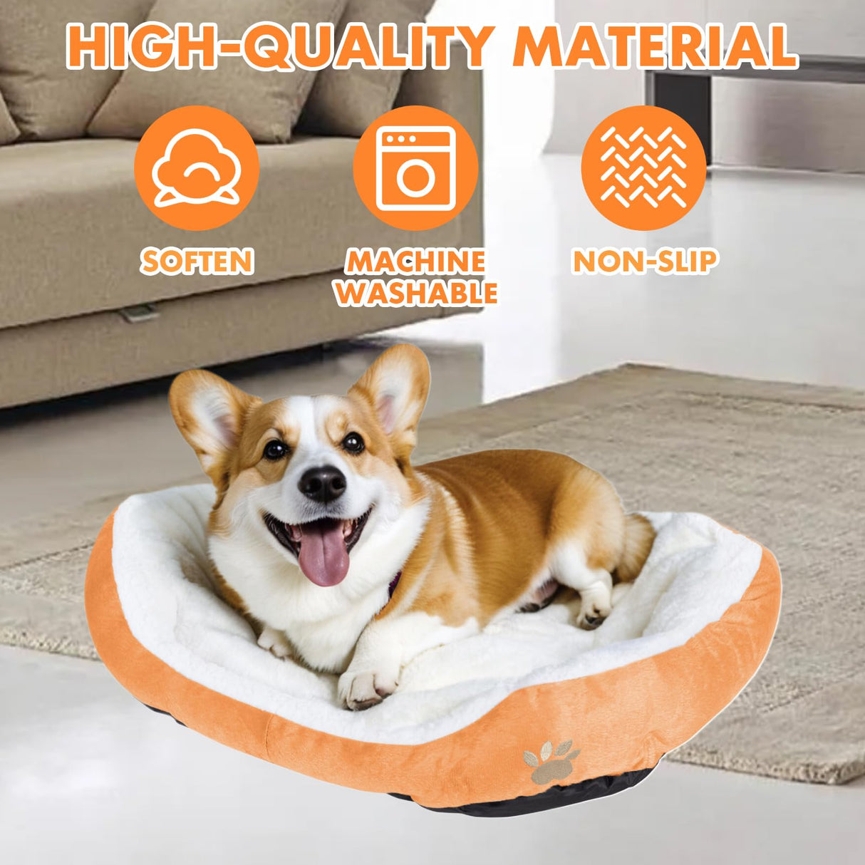 Round Dog Cat Beds Mattress Washable Pads Room, Soft Durable Plush Faux Fur Sleeping Pet Fleece Bed Mat for Small Doggy Kitten Puppy, with Anti-Slip Waterproof Bottom (Orange)