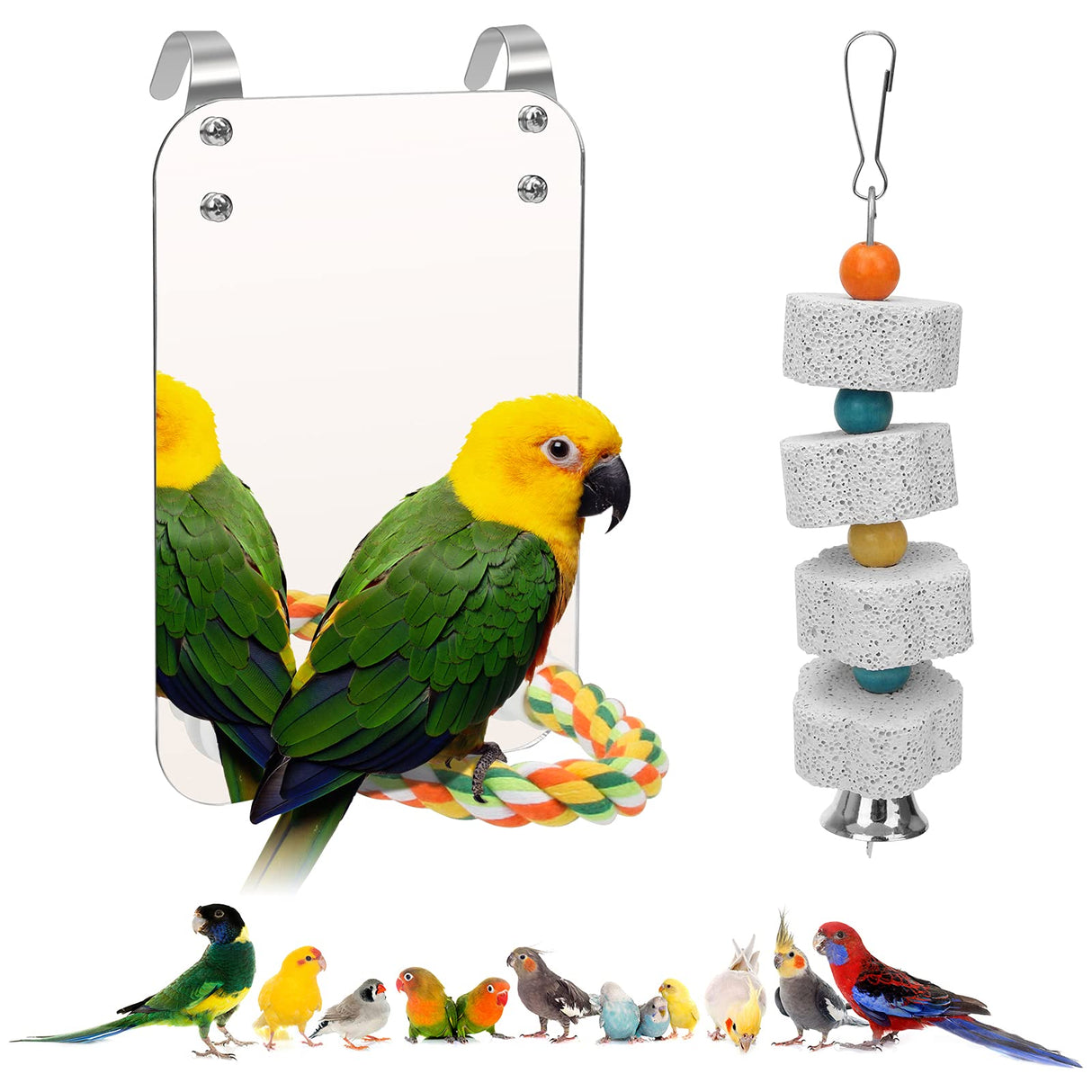 AHIER 7 Inch Bird Mirror with Rope Perch, Bird Toys Swing Parrot Grinding Stone with Bell for Parakeet Cockatoo Cockatiel Lovebirds Canaries
