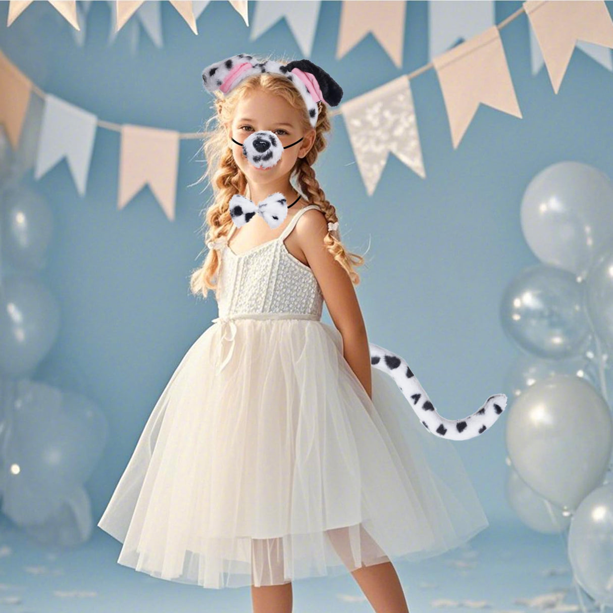 Jmkcoz 4 Pcs Dalmatian Dog Costume Set Dalmatian Puppy Dog Ears Headband Tail Nose Bow Tie for Halloween Animal Cosplay Party (White & Black)