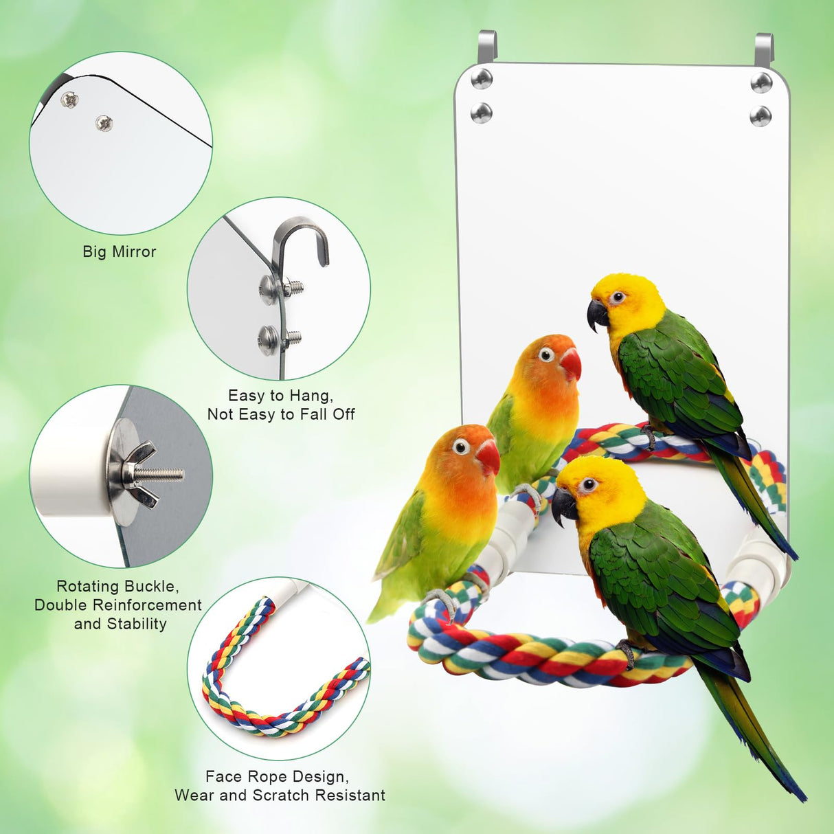 Coolrunner 9.4 Mirror for Bird Parrot and Cage, White, With Rope