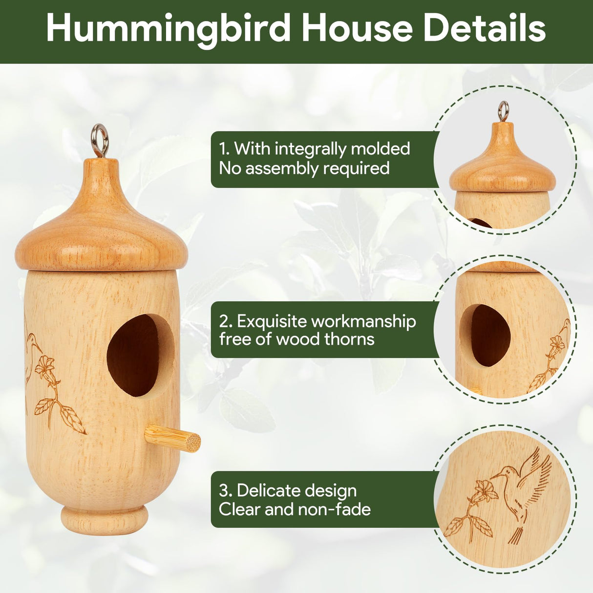 Hummingbird House, Wooden Hummingbird Houses for Outside Hanging, Nest Swinging, Wooden Bird Houses with Cotton, Bow, String, Gardening Gifts Decoration (1 Pack)