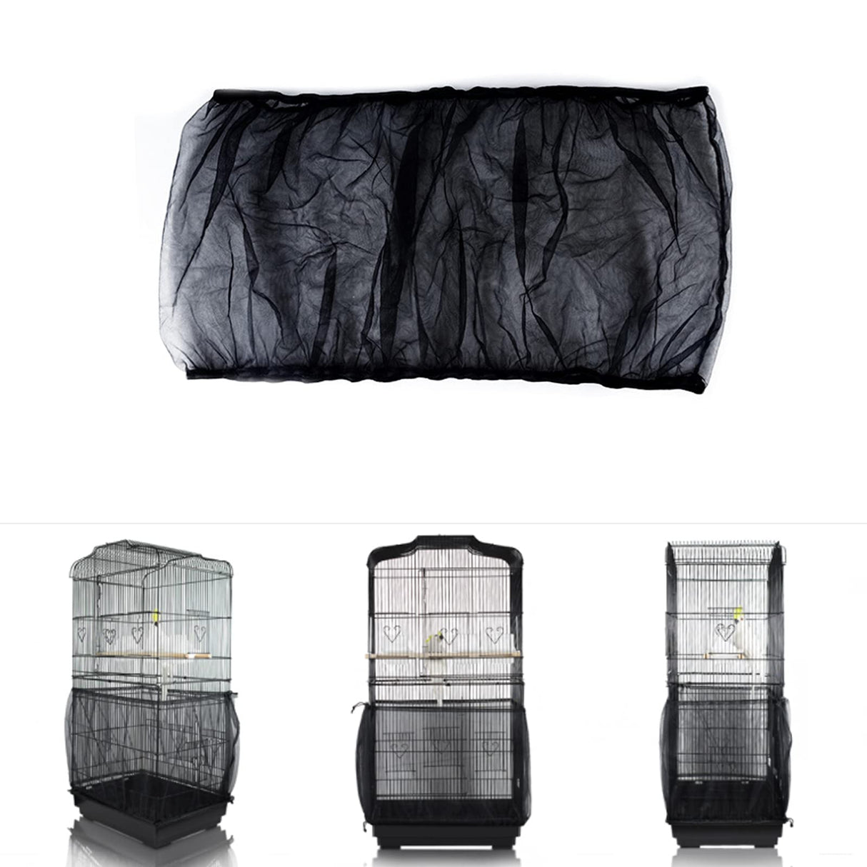 Bird Cage Seed Catcher, Airy Gauze Seeds Bird Cage Cover Guard Dust-Proof Universal Birdcage Accessories Parrot Bird Nylon Mesh Net Cover Stretchy Shell Skirt Traps Cage Basket (XL, Black)