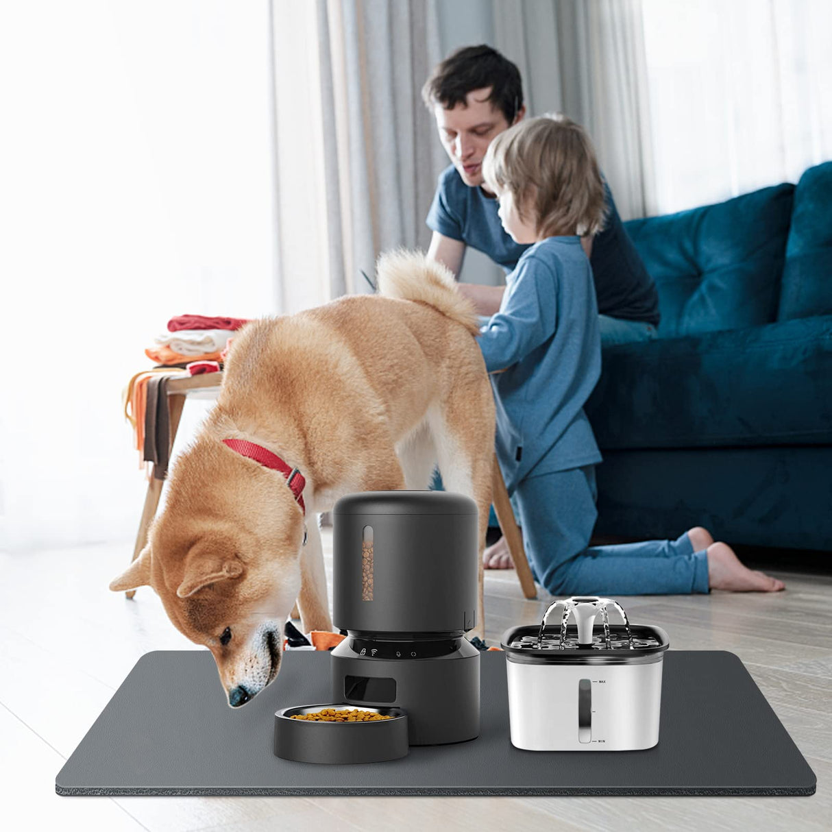 Harhana Pet Mat for Water Fountain and Automatic Feeder, Non Slip Rubber, Black, Large Size: 27.5 x 15.75 x 0.2 inch