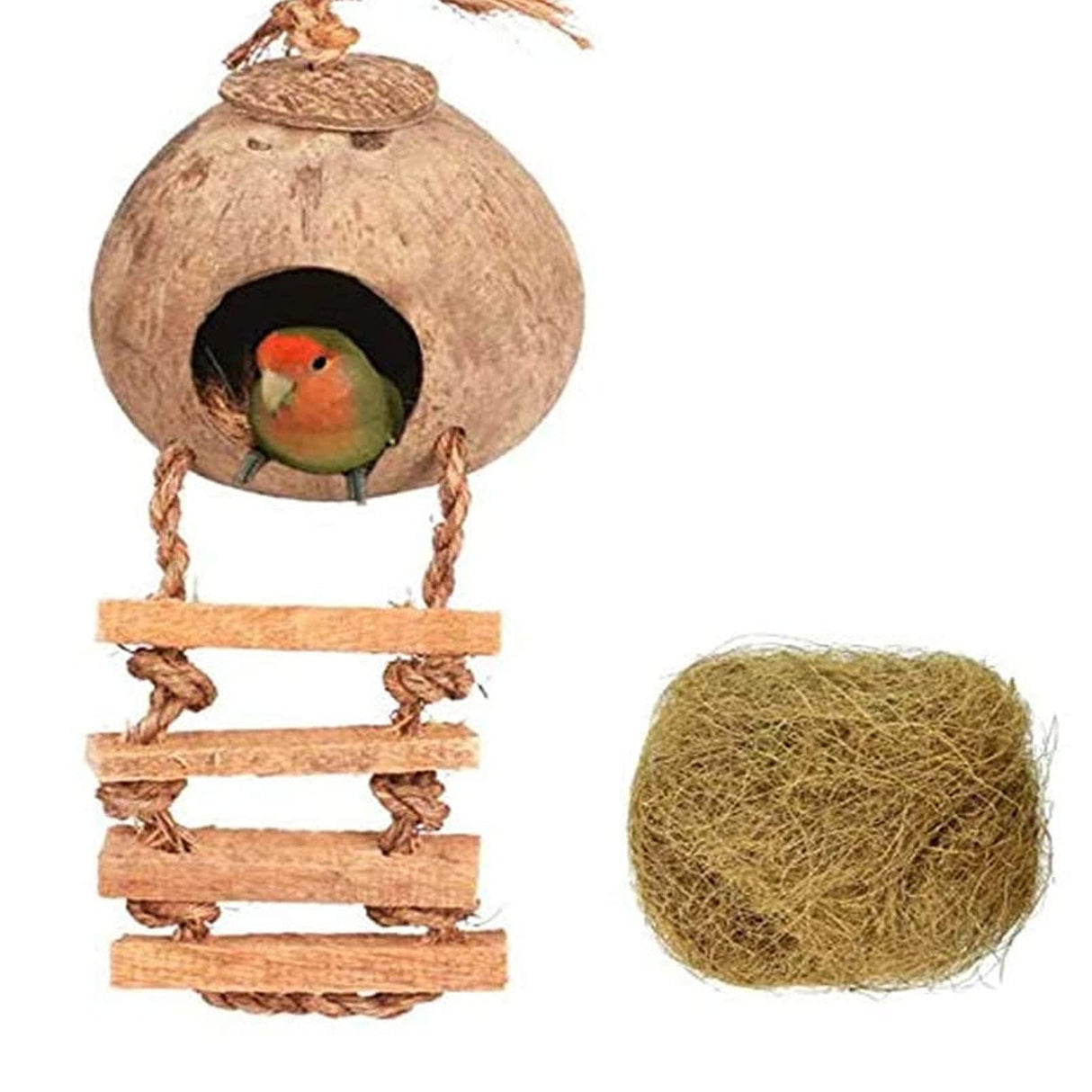 Tfwadmx Coconut Hide with Ladder, Natural Fiber Hanging Birdhouse Cage, Bird Shell Breeding Nest for Parrot, Parakeet, Lovebird, Finch, Canary (2 Pcs)