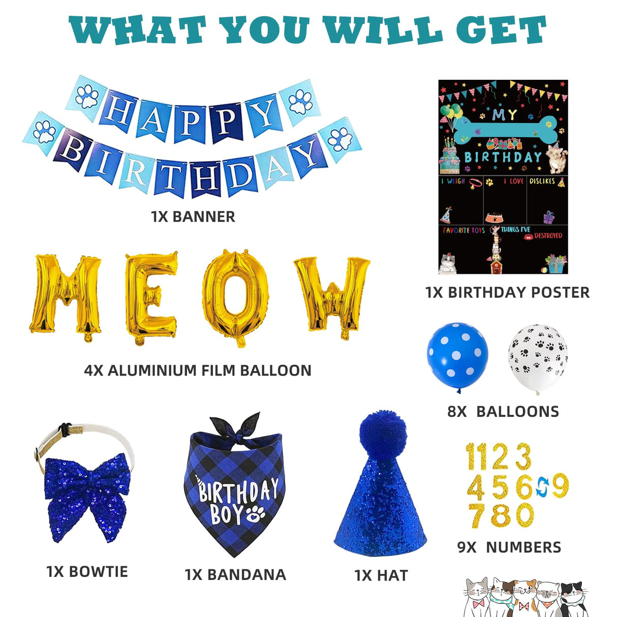 Cat Kitten Birthday Bandanas Cat Birthdays Party Supplies Party Hat Boy with Cat Birthdays Banner Balloons Meow Letter Foil Balloons for Boy Cats Kitten Decorations