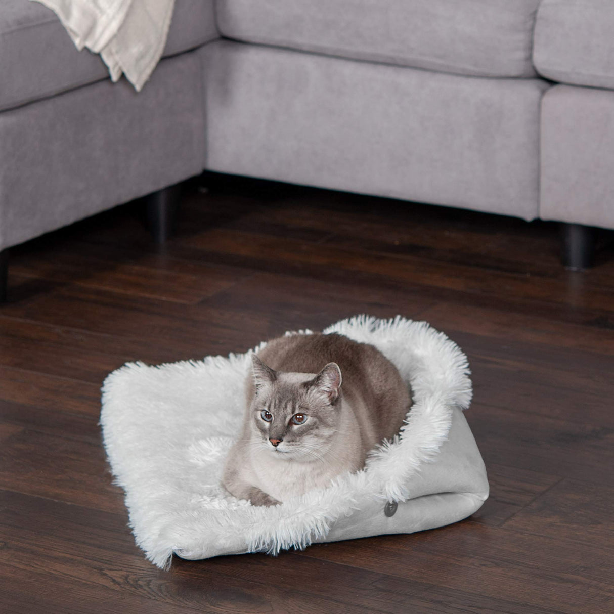 Furhaven Self-Warming Cat Bed for Indoor Cats, 4-Beds-in-1 & Washable - Plush Long Faux Fur Convertible Cuddler - Silver, Small