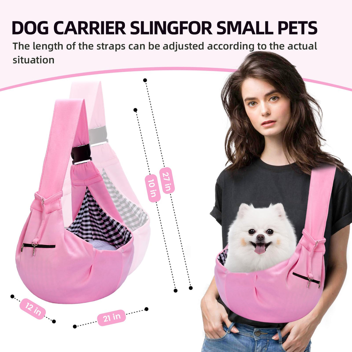 Adjustable Dog Carrier Sling - Hand-Free Dog Carriers for Small Dogs and Cats, Puppy Sling Carrier with Zipper Purse Pocket, Travel Safety Harness, Puppy Essentials (Pink)
