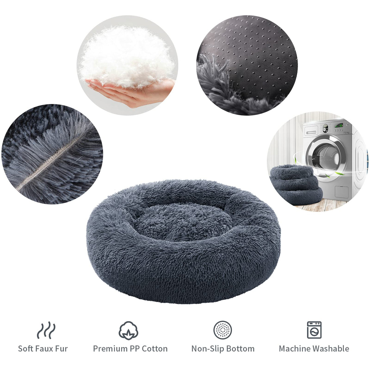 CEVICOLZE Small Cat Bed for Indoor Cats, Self-Warming Donut Kitty Bed for Small Cats Keeping Warm, Washable Pet Bed with Anti Slip Base, 23‘’ Darkgrey