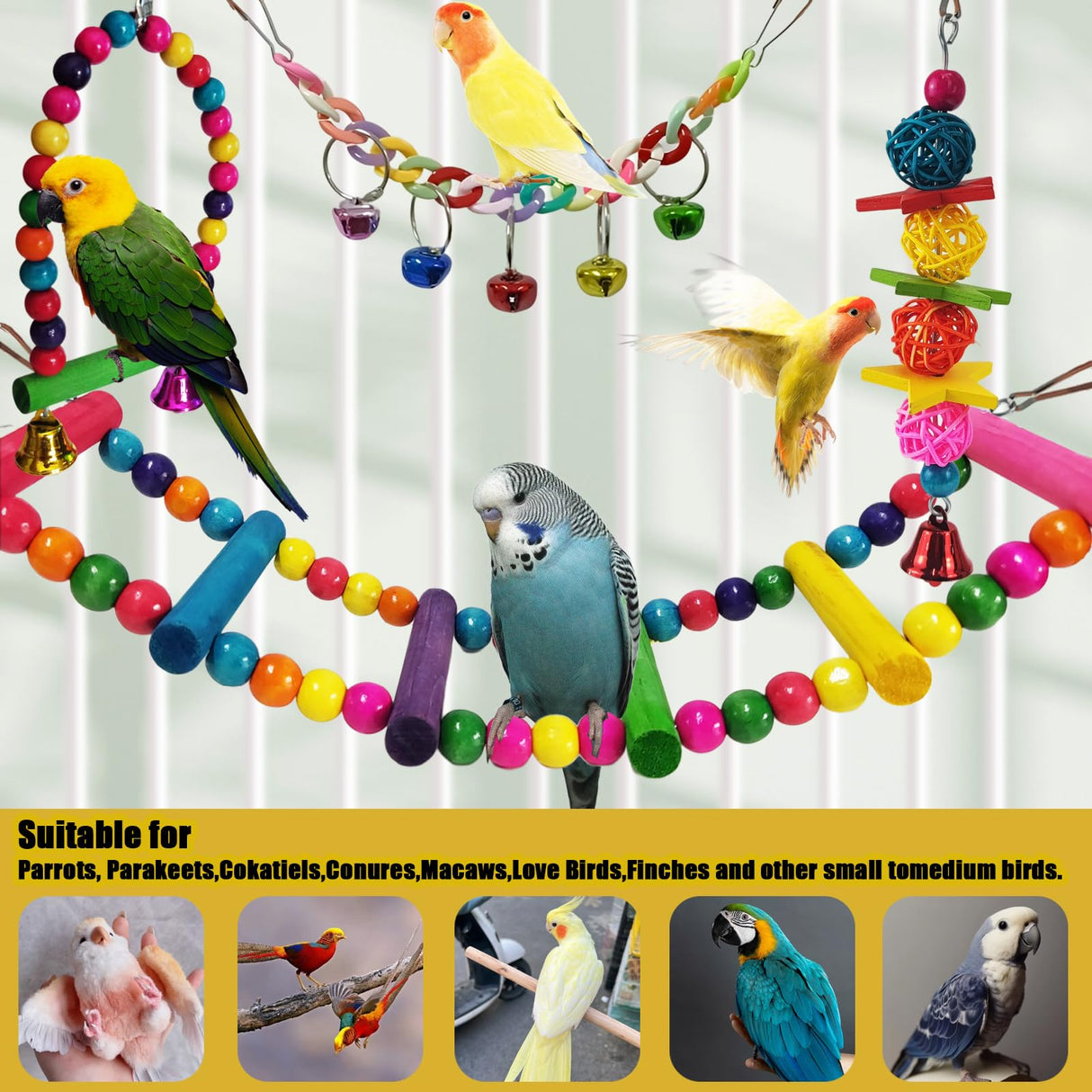 Parakeet Toys,7 Pcs Colorful Bird Toys for Parakeets,Pet Bird Cage Hammock Swing Climbing Ladders Chewing Toy Mirror Hanging Bell Wooden Perch for Budgerigar,Conures, Love Birds,etc