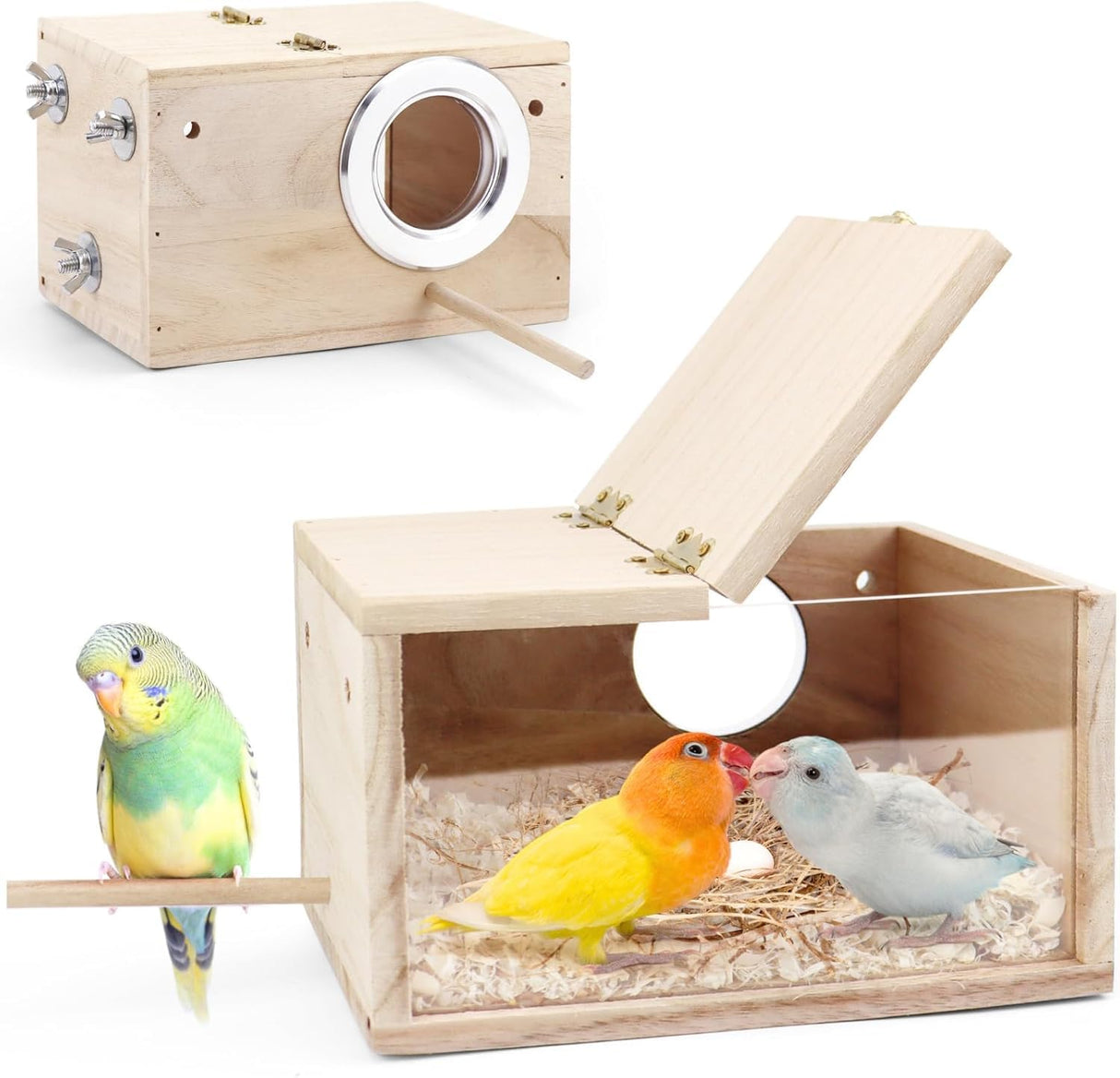 TiereCare Parakeet Nesting Box - Visual Wooden Bird Nest Breeding Box - Bird Cage House with Perch for Lovebirds Cockatiel Budgie Finch Parrot