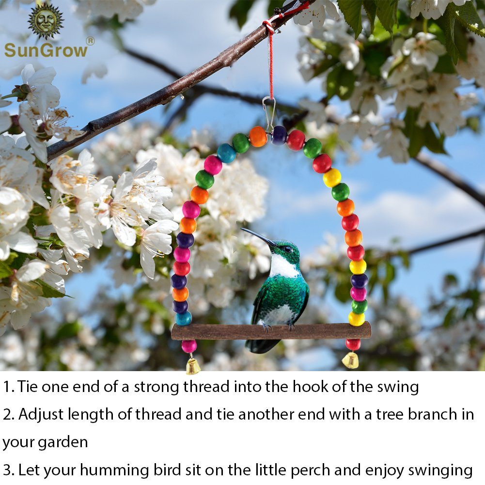 SunGrow Colorful Parakeet Swing Toy with Bells, Cockatiel, Lovebird & Budgie Wooden Perch Stand, 8.5x6 Inches, Sturdy Rocking Gym, Small Bird Cage Accessories to Balance, Exercise & Training