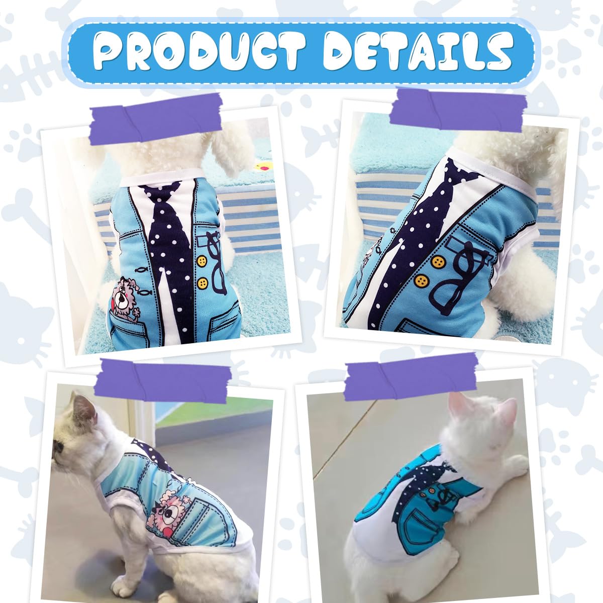 Vavious Cat Outfit Dog Summer Shirt Blue Faux Tie Print Pet T Shirt Cooling Sleeveless Pet Apparel for Small Medium Doggy Puppy Breathable Cozy Pullover X-Small