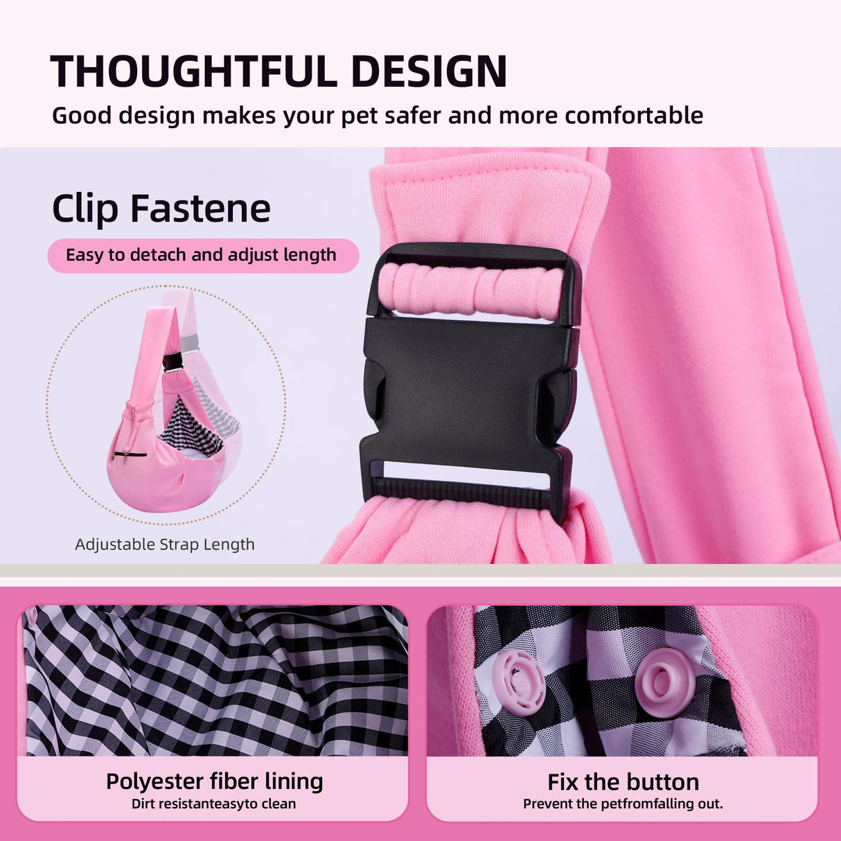 Adjustable Dog Carrier Sling - Hand-Free Dog Carriers for Small Dogs and Cats, Puppy Sling Carrier with Zipper Purse Pocket, Travel Safety Harness, Puppy Essentials (Pink)