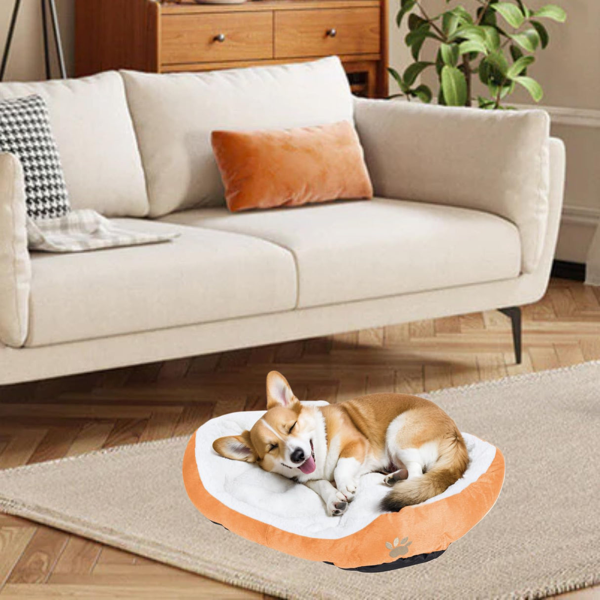 Round Dog Cat Beds Mattress Washable Pads Room, Soft Durable Plush Faux Fur Sleeping Pet Fleece Bed Mat for Small Doggy Kitten Puppy, with Anti-Slip Waterproof Bottom (Orange)