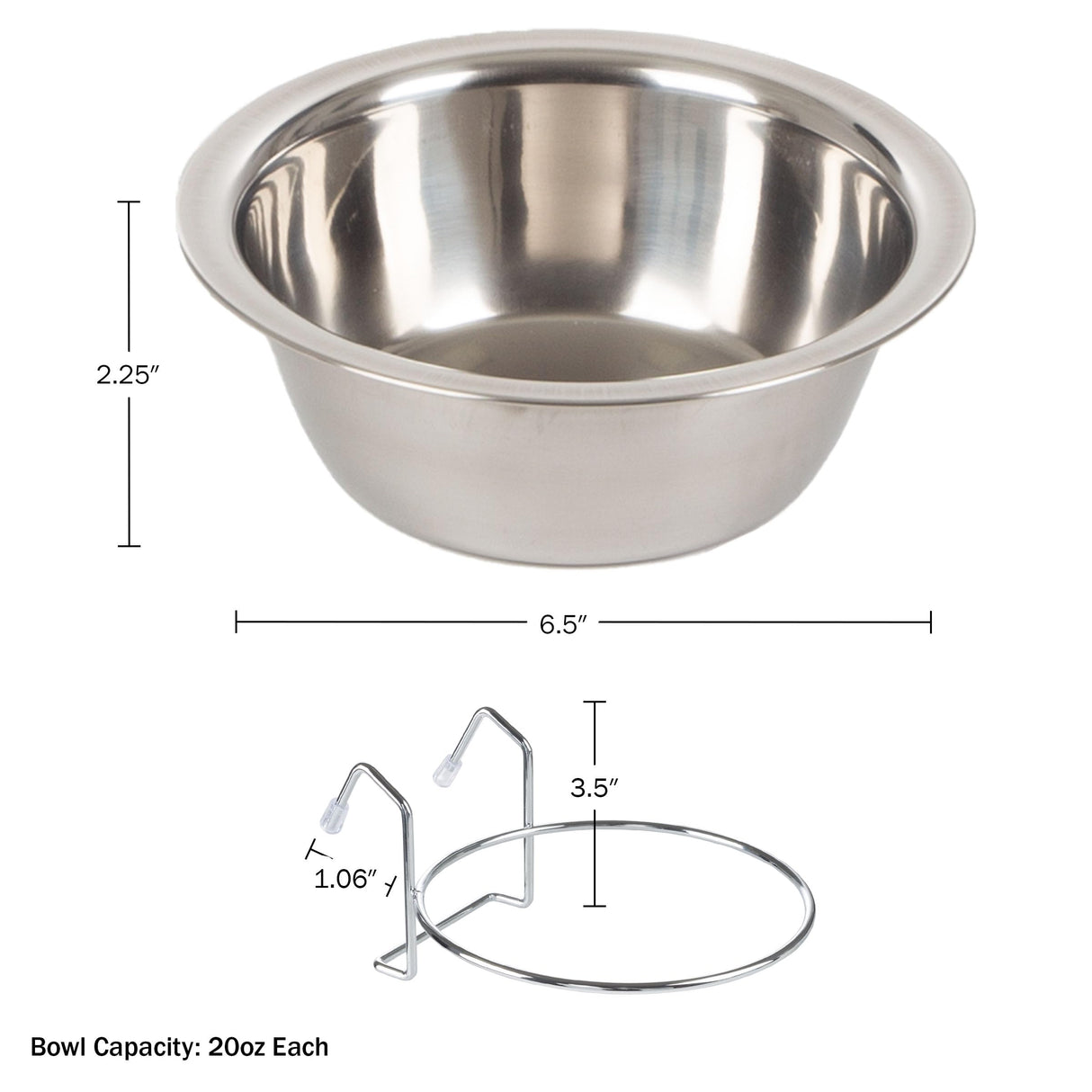 Set of 2 Stainless-Steel Dog Bowls - Cage, Kennel, and Crate Hanging Pet Bowls for Food and Water - 20oz Each and Dishwasher Safe by PETMAKER,Silver