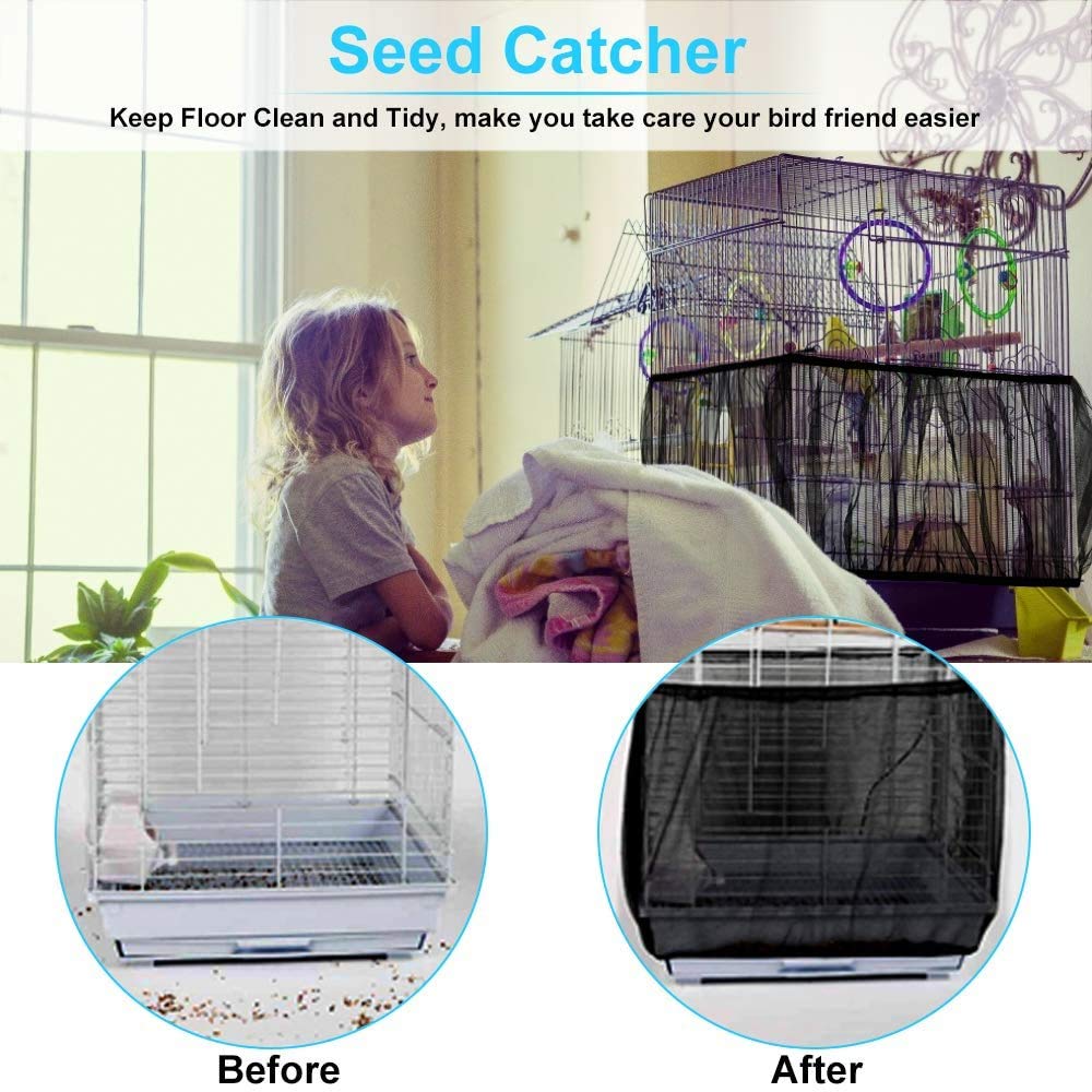 4 Colors Ventilated Nylon Bird Cage Cover Shell Seed Catcher Pet Products Large Size Bird Cage Seed Catcher Seeds Guard Parrot Nylon Mesh Net Cover Stretchy Shell Skirt Traps Cage Basket Soft Black
