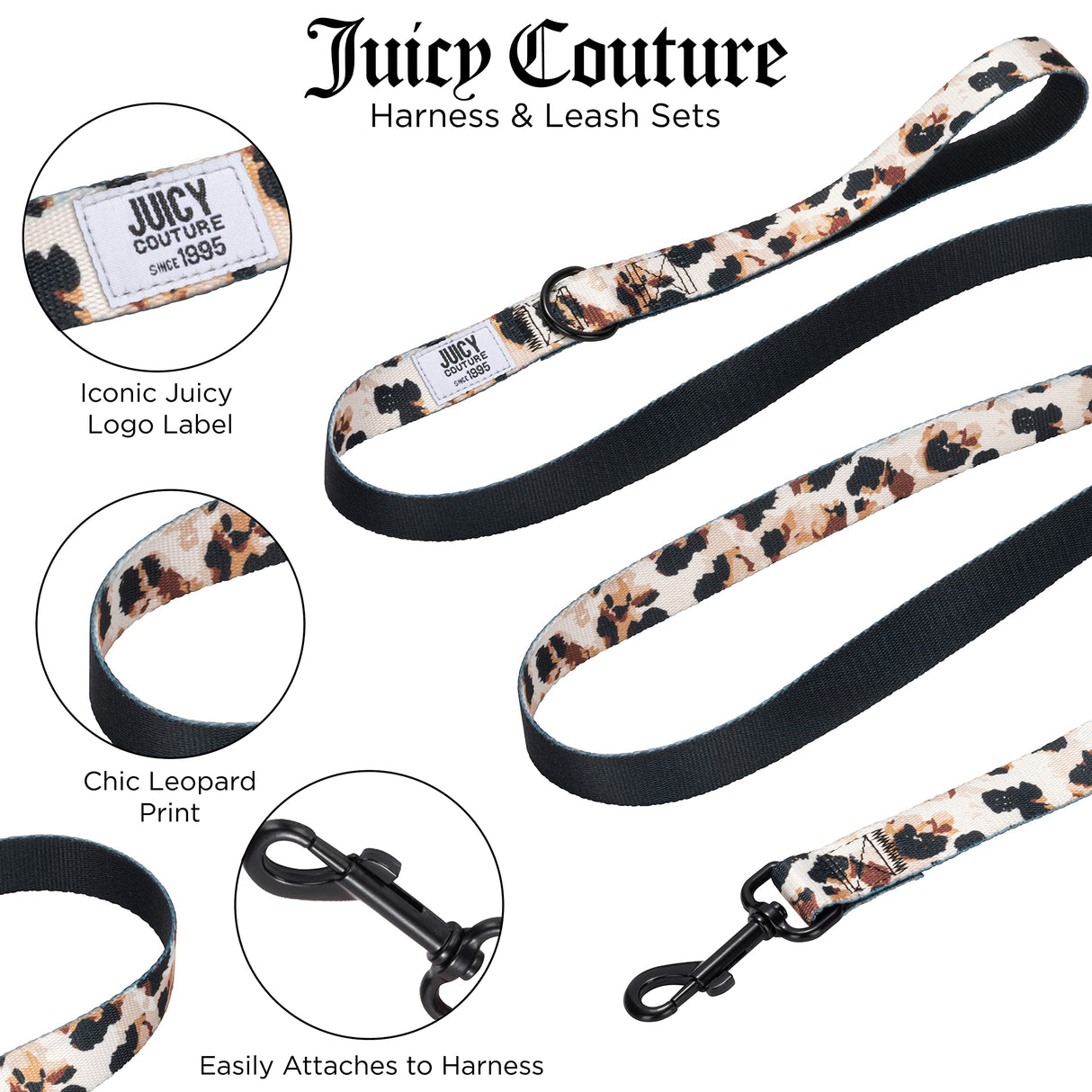 Juicy Couture Leopard Print Dog Harness and Leash Set – Adjustable Puppy Harness with Puppy Leash & Mesh Padding Dog Harness, Large