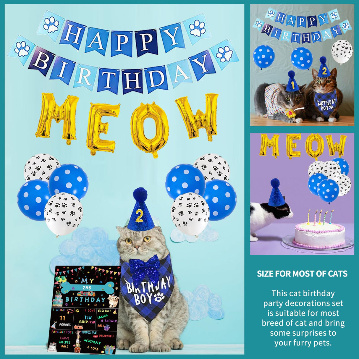 Cat Kitten Birthday Bandanas Cat Birthdays Party Supplies Party Hat Boy with Cat Birthdays Banner Balloons Meow Letter Foil Balloons for Boy Cats Kitten Decorations