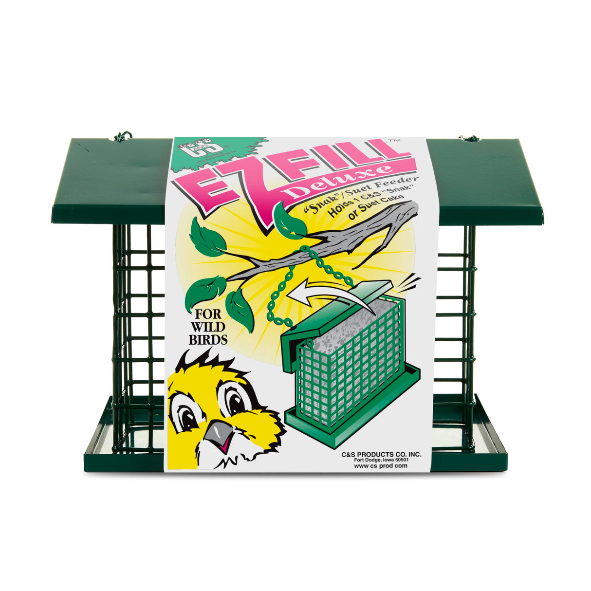 C&S EZ Fill Deluxe Suet and Snak Feeder with Roof & Platform, Suet Feeder for Wild Birds, Holds one 56 ounce suet cake
