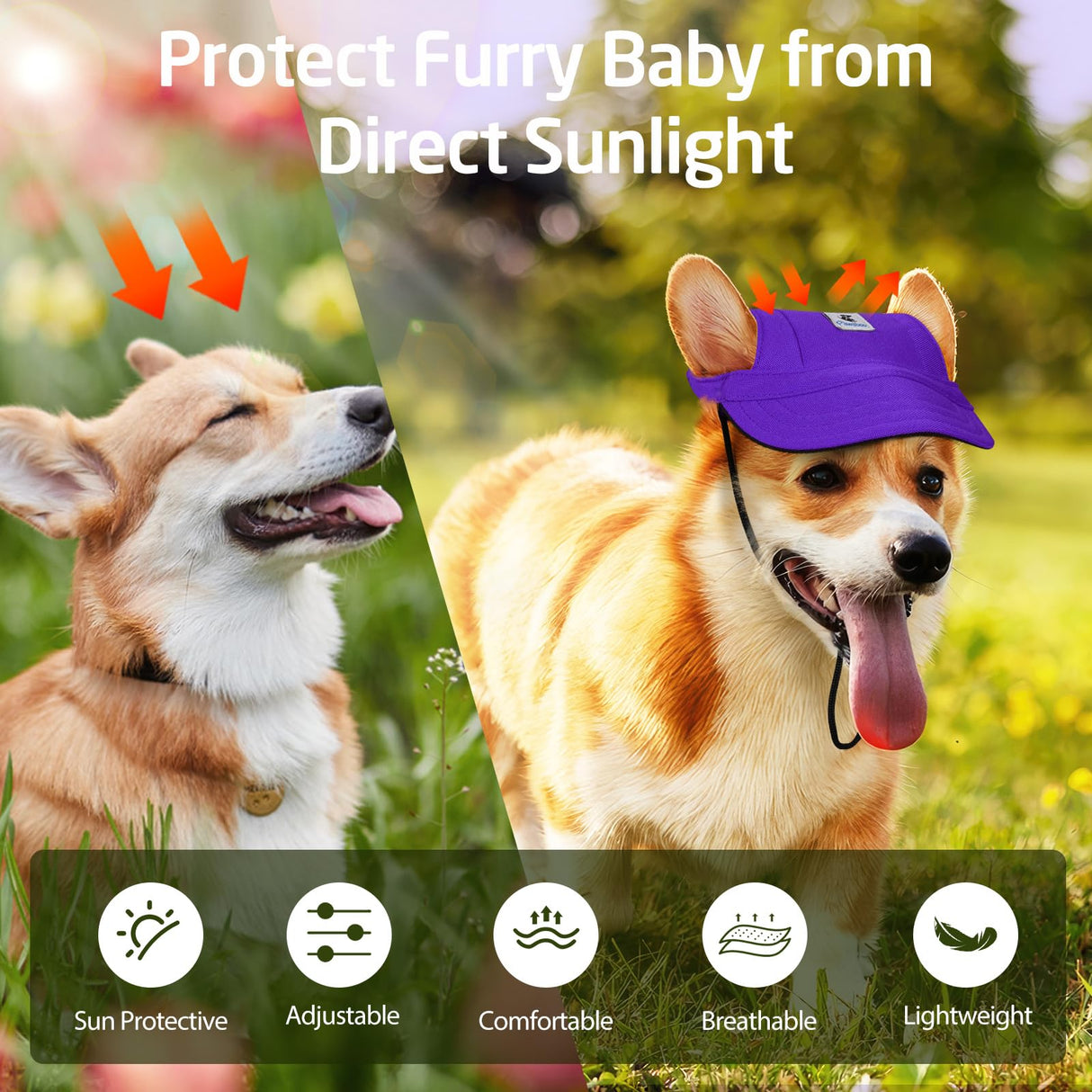 Pawaboo Dog Baseball Cap, Outdoor Pet Sport Sun Protection Baseball Cap Hat, Adjustable Travel Sport Hat Visor Sunbonnet Outfit with Ear Holes for Small Dogs Puppy, XL, Purple