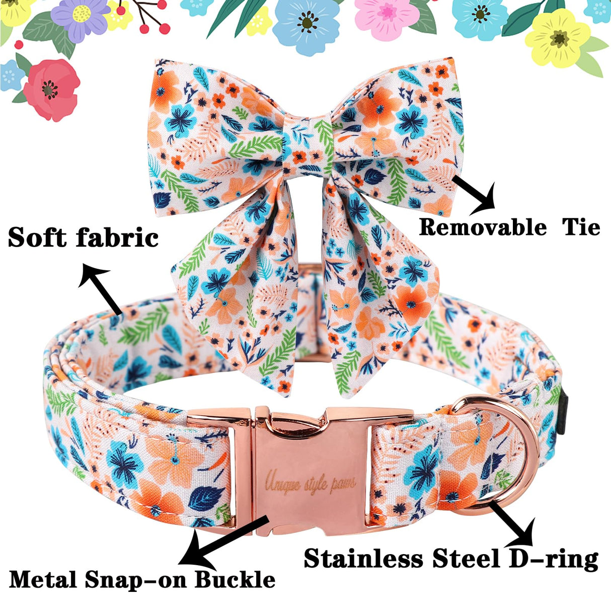 Unique Style Paws Cotton Dog Collar with Bow Floral Plaid Colorful Dog Collar with Bow Tie for Small Medium Large Dogs Pets Gifts