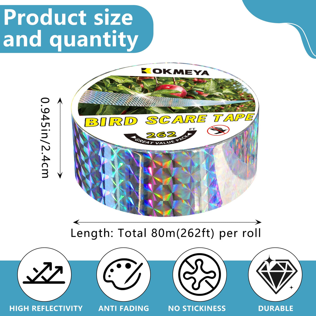 KOKMEYA Bird Scare Tapes 262FT*1 Reflective Flash Tape for Birds, Bird Scare Device Double Side Ribbon Scare Birds Away for House, Garden, Yard, Orchard, Patio, Outdoor