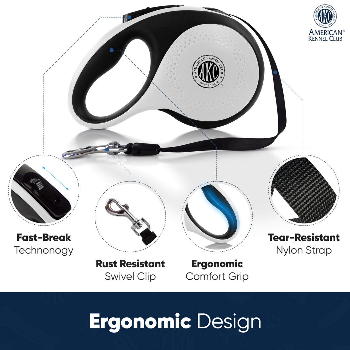 American Kennel Club Retractable Dog Leash, 16.4ft, Tangle-Free, Ergonomic Grip, One-Hand Brake, for Medium & Large Dogs up to 66