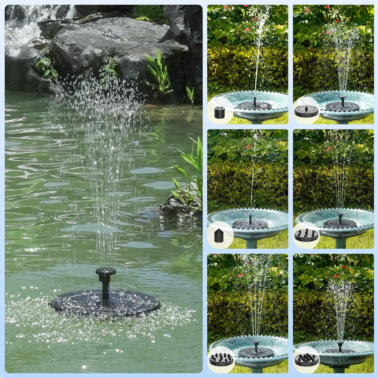 SHANCHAHUA Solar Fountain, 1.5W Solar Bird Bath Fountains Pump Floating Solar Powered Water Fountain with 6 Nozzles and Fixer, Solar Fountain for Bird Bath, Outdoors, Garden, Pond, Pool