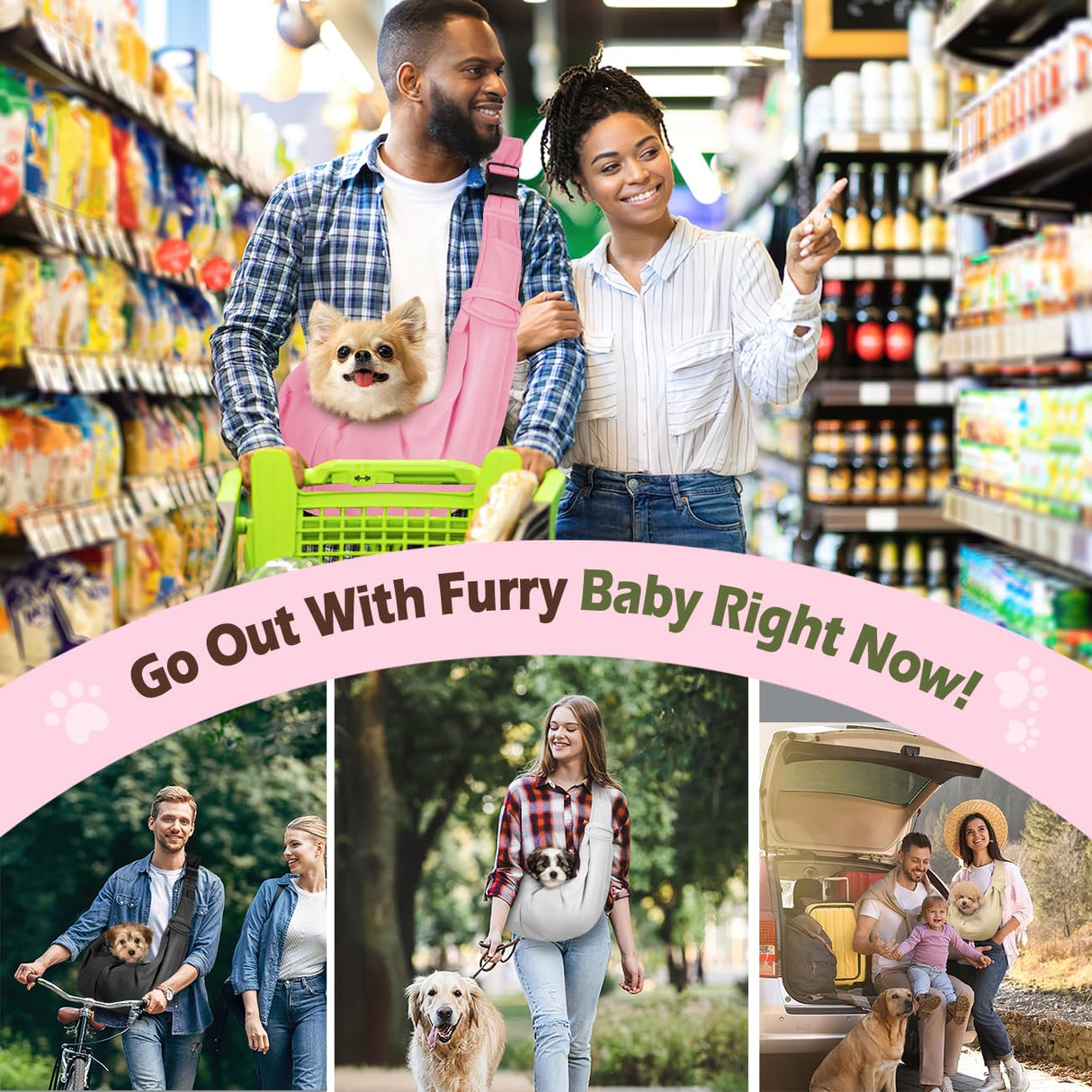 Pawaboo Small Dog Sling Carrier, Reversible Hands Free Dog Sling Carrier for Small Dogs Cats, Puppy Sling Carrier with Adjustable Strap Buckle & Safety Harness, Puppy Essentials, Pink