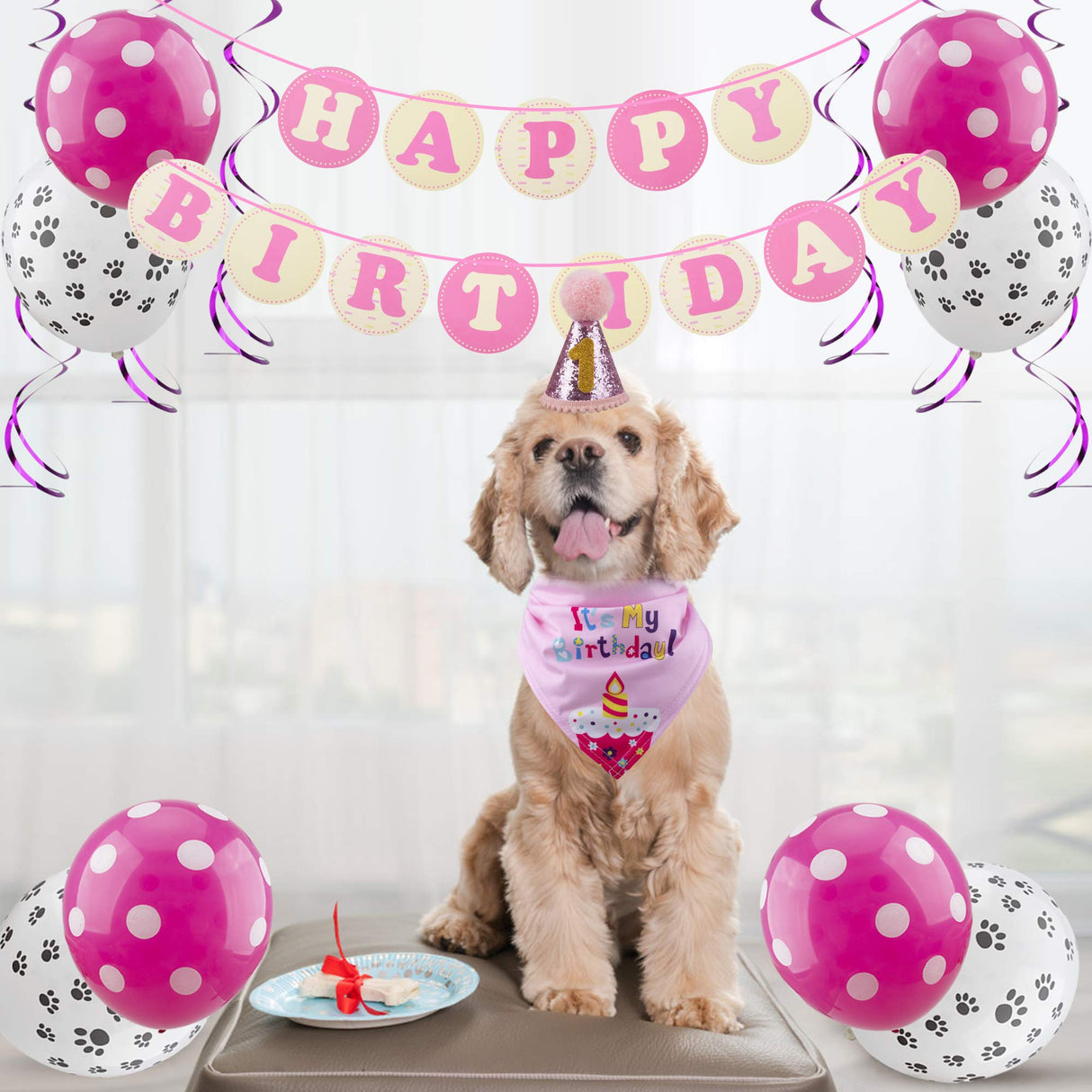 GAGILAND Dog Birthday Party Supplies Bandana Hat Banner Set Dog Boy Girl Cute Bow Tie Scarf Birthday Decorations (Pink with Balloon)