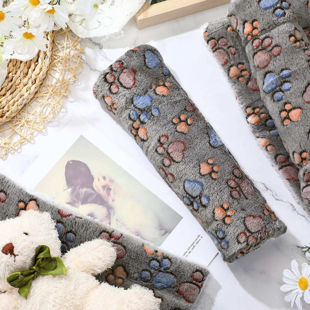 4 Pack Ultra Soft Dog Cat Bed Mat with Cute Prints Reversible Fleece Dog Crate Kennel Pad Cozy Washable Thickened Hamster Guinea Pig Pet Bed Mat for Small Animals(13 x 10 Inches,Gray)