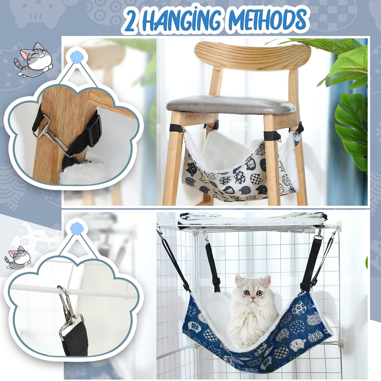 BBTO 3 Pcs Reversible Pet Hammock Soft Plush Cat Hanging Hammock Guinea Pig Bed Rat Cage Accessories for Puppy Dog Piggy Kitten Ferret Rabbit Other Small Animals(Cat)