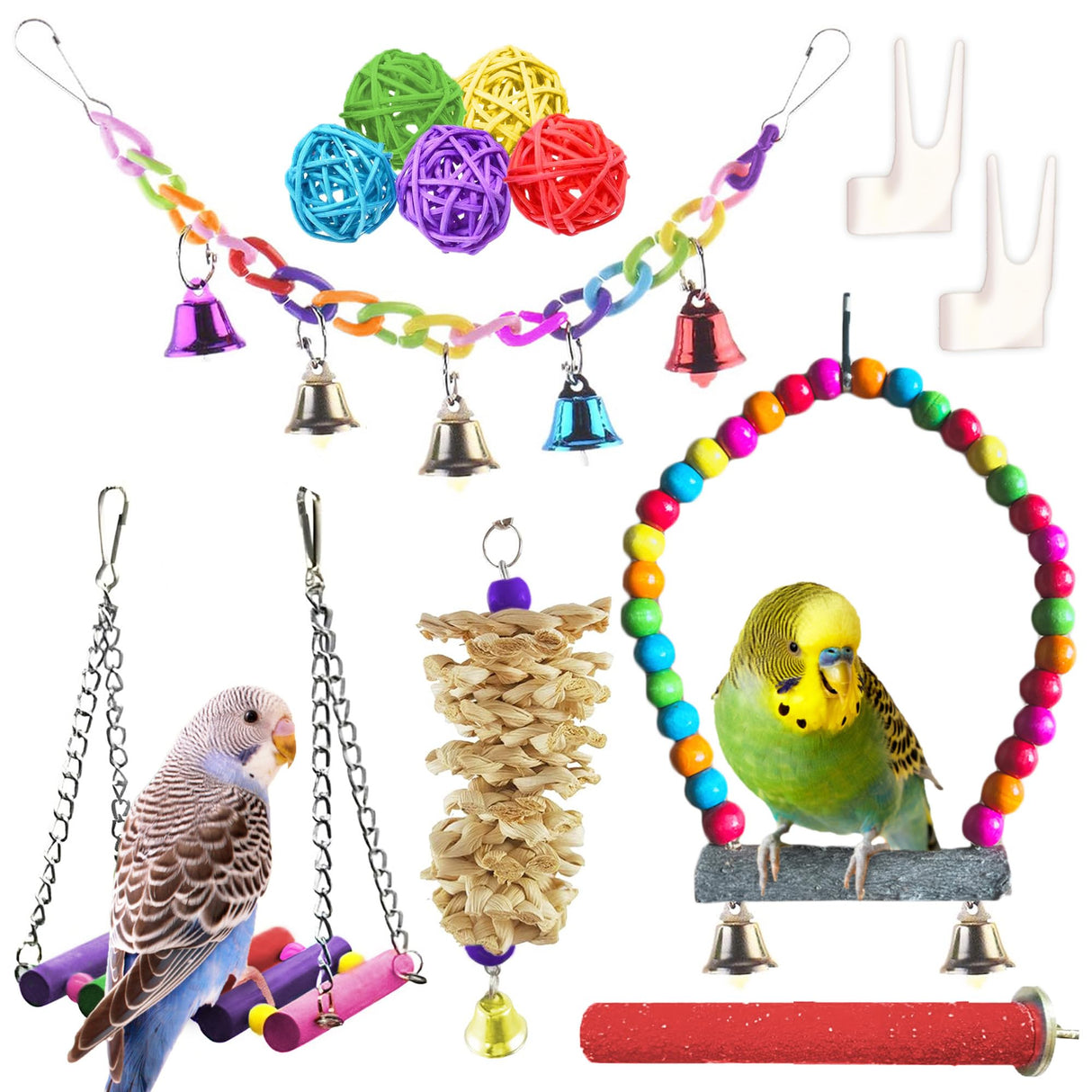 SunGrow Parrot Swing and Perch Bundle, Keep Birds from Hatching Plans for World Domination with Joyful Colorful Items for Love Birds, Conures, Cockatiels, Finches, Parakeets, 12 Pieces