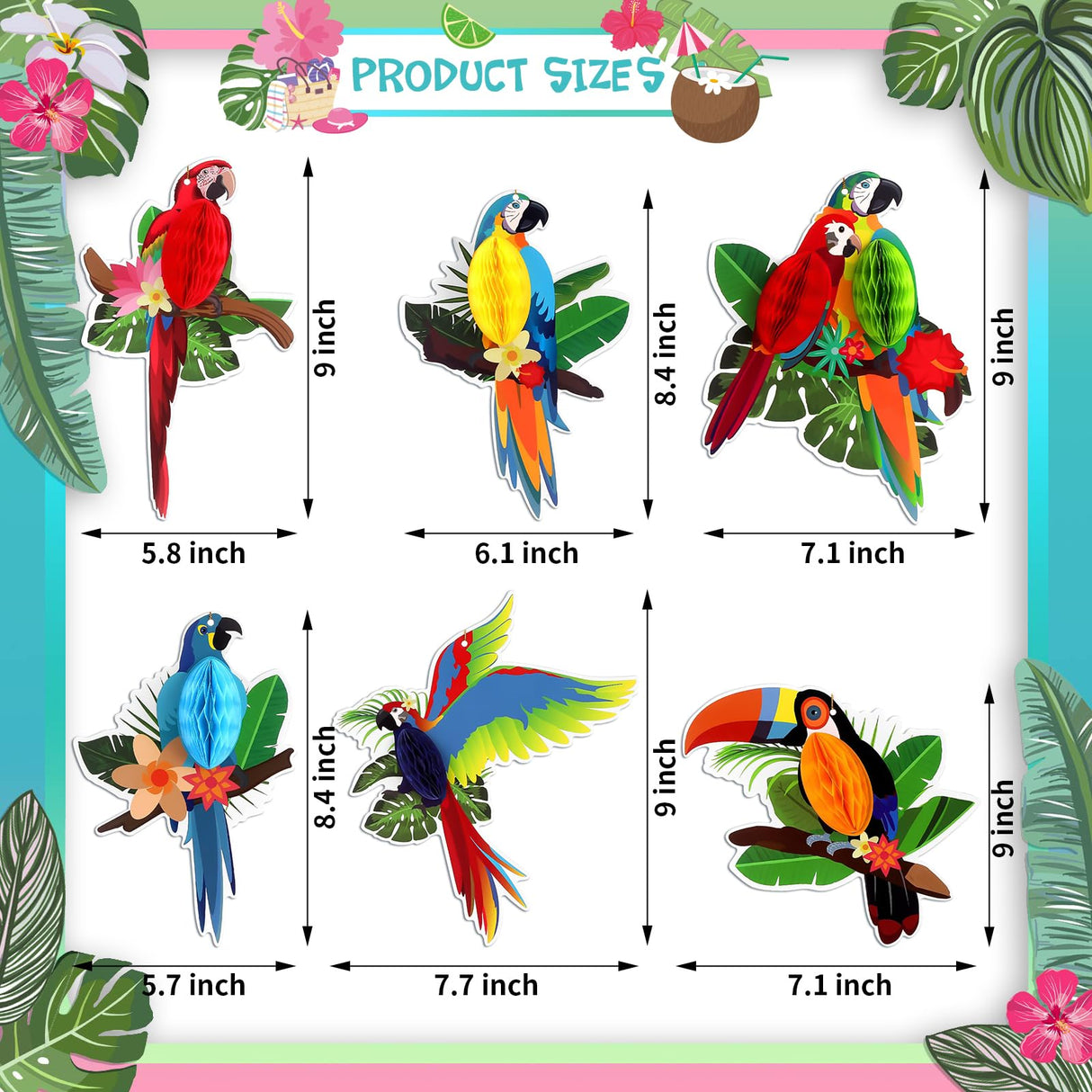 6 Pieces Tropical Birds Parrot Honeycomb Cutouts - Hawaiian Luau Tropical Party Decorations for Summer Beach Jungle Safari Rainforest Theme Birthday Party Home Classroom Décor